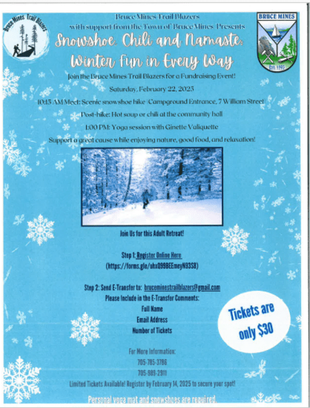 Bruce Mines Trail Blazers Snowshoe Chili and Namaste  - February 22