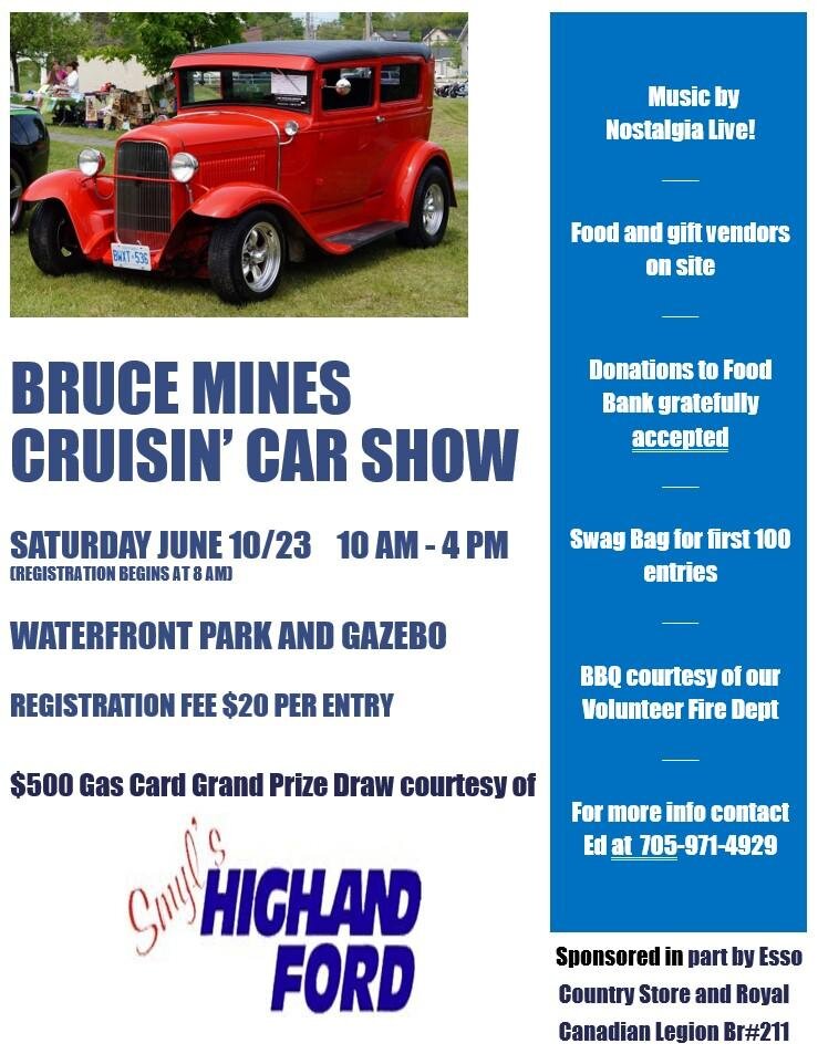 Calendar Bruce Mines Cruisin' Car Show June 10, 2023 Town of
